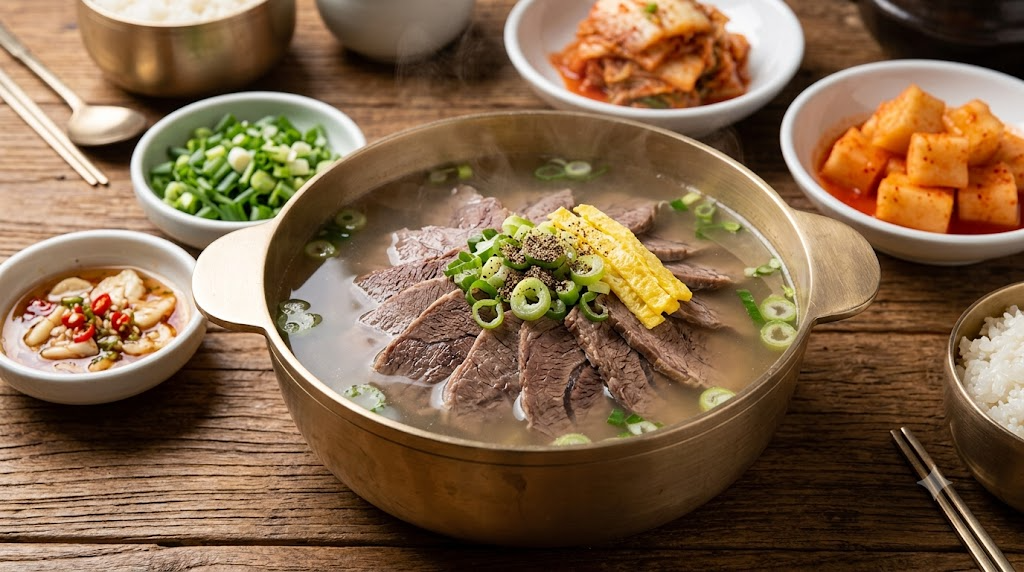 원목 테이블 위에 김이 모락모락 나는 소고기 곰탕이 커다란 양이놋그릇에 담겨 있습니다. 맑은 국물 위에는 정갈하게 썰린 소고기 수육, 계란 지단, 송송 썬 파와 후추가 올려져 있으며, 주변에는 흰쌀밥, 배추김치, 깍두기, 다진 파, 간장 양념장과 수저가 정갈하게 차려져 있습니다.