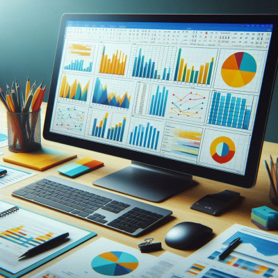 복잡한 데이터 차트와 그래프를 다루는 큰 화면, 책상에 여러 도구들