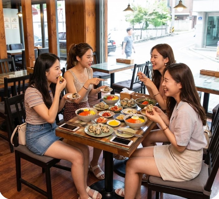 다양한 알밥과 주먹밥을 먹으며 즐거운 시간을 보내는 사람들