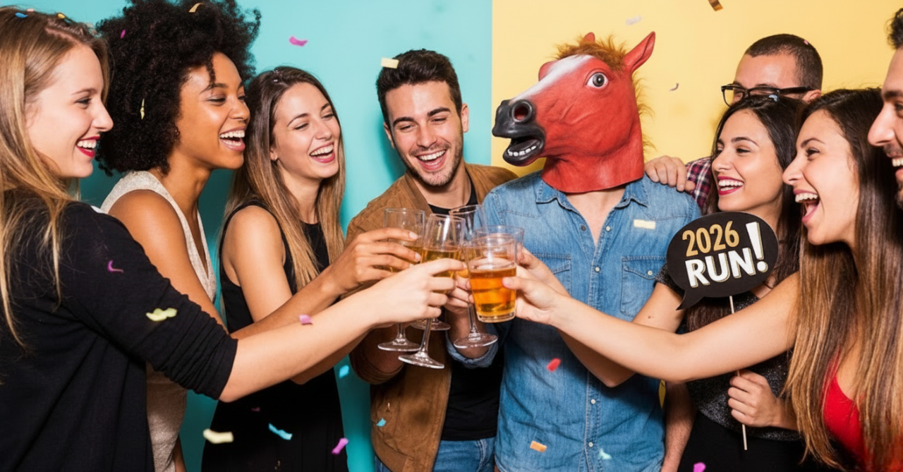 파티장에서 웃으며 건배하는 친구들과 그 사이에 붉은색 말 가면을 쓰고 있는 사람, 한 명이 '2026 RUN!' 말풍선 팻말을 들고 있다.