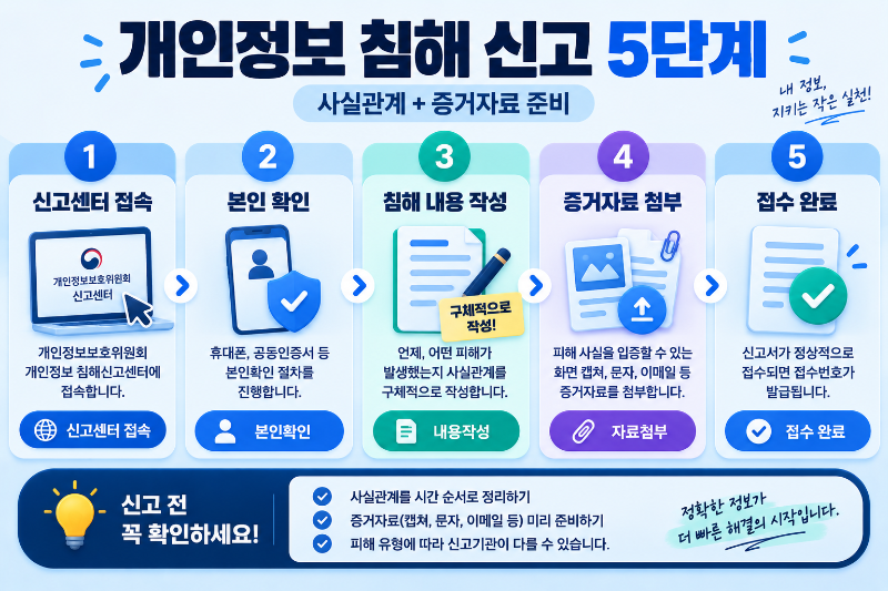 개인정보침해신고센터에서 본인 확인 후 침해 사실과 증거자료를 제출하는 신고 절차
