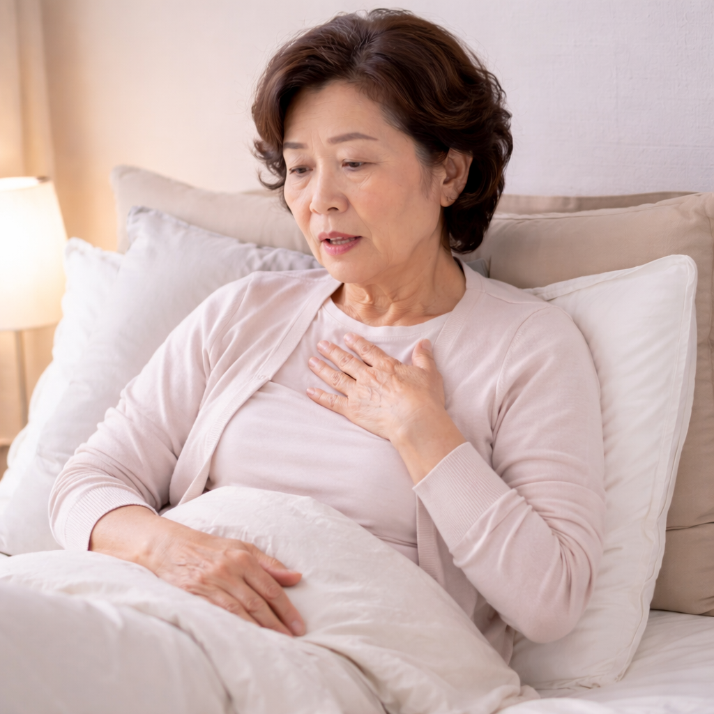 심부전에서 누우면 숨이 차 베개를 높이는 기좌호흡을 표현한 이미지