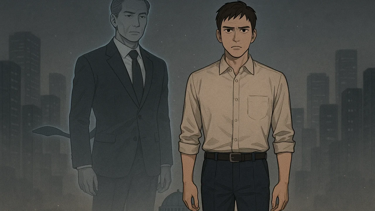 의원님이 보우하사 웹툰 표지 - 정장 입은 중년 남성의 유령과 젊은 공무원이 함께 서 있는 모습