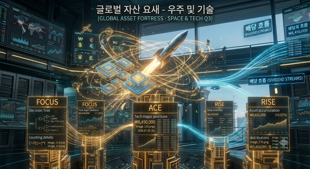스페이스X 우주 위성 인프라와 반도체·조방원, IRP 안전자산 100% 가동 FOCUS 채권혼합 3종 신규 ETF를 시공하는 하이테크 금융 그래픽