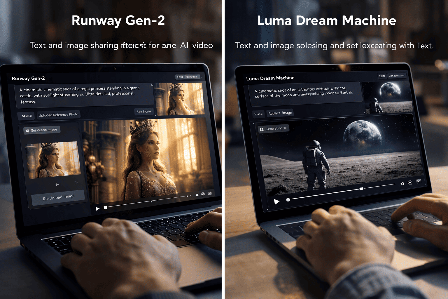 Runway Gen-2와 Luma Dream Machine에서 텍스트와 이미지 한 장으로 시네마틱 AI 영상을 생성하는 작업 화면