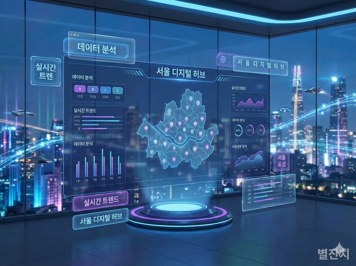 미래적인 서울 디지털 허브를 배경으로 한글이 효율적인 UX 디자인 요소로 표현된 현대적인 데이터 분석 대시보드