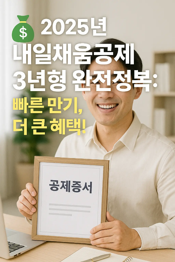 밝은 사무실에서 ‘공제증서’를 들고 환하게 웃는 젊은 한국인 남성, ‘2025년 내일채움공제 3년형 완전정복: 빠른 만기, 더 큰 혜택!’ 문구가 삽입된 홍보 이미지