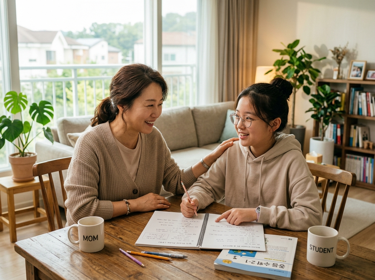 학부모와 함께 수학 학습 계획을 논의하는 중학생