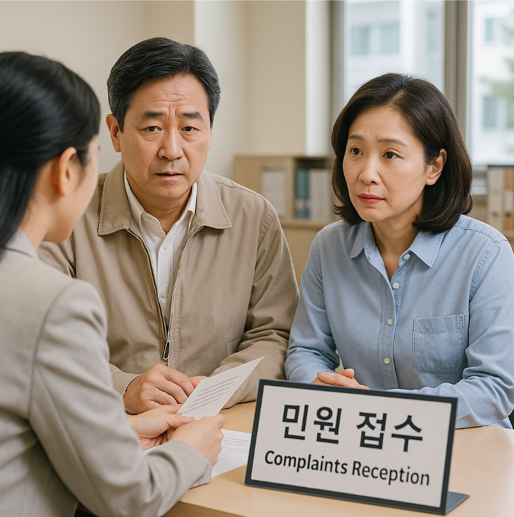 민원 접수 창구에서 상담 중인 중년 부부의 모습