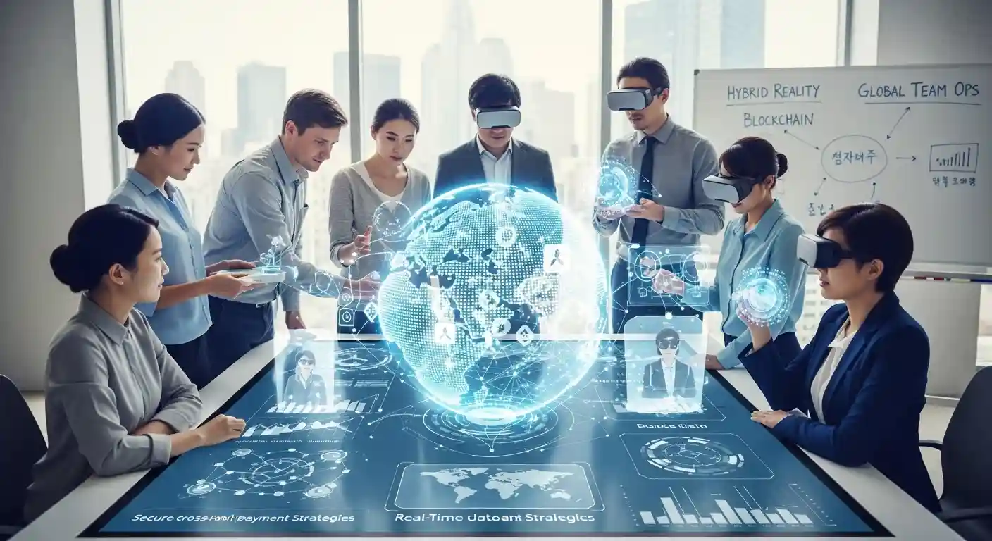 <img src="hybrid_reality_blockchain_global_team_operation_crossborder_payment_strategy_image.webp" alt="하이브리드 리얼리티와 블록체인 결합으로 글로벌 팀 운영과 금융 거래를 구현한 혁신 이미지 입니다">