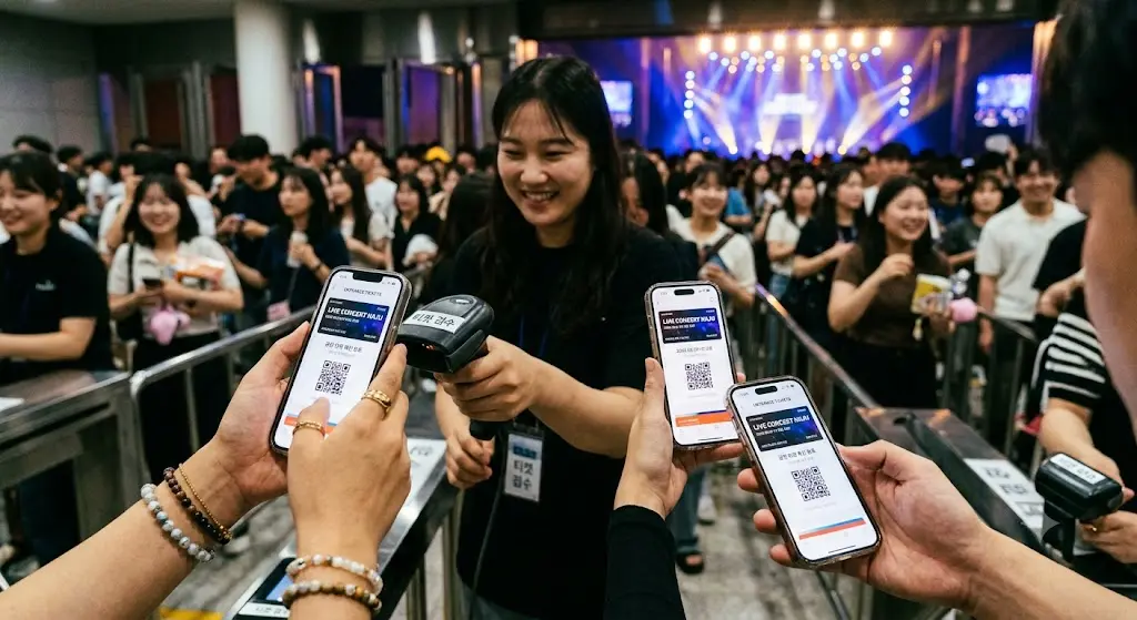 공연장 입구에서 스마트폰으로 티켓을 확인하는 관객들의 손과 밝은 무대 조명
