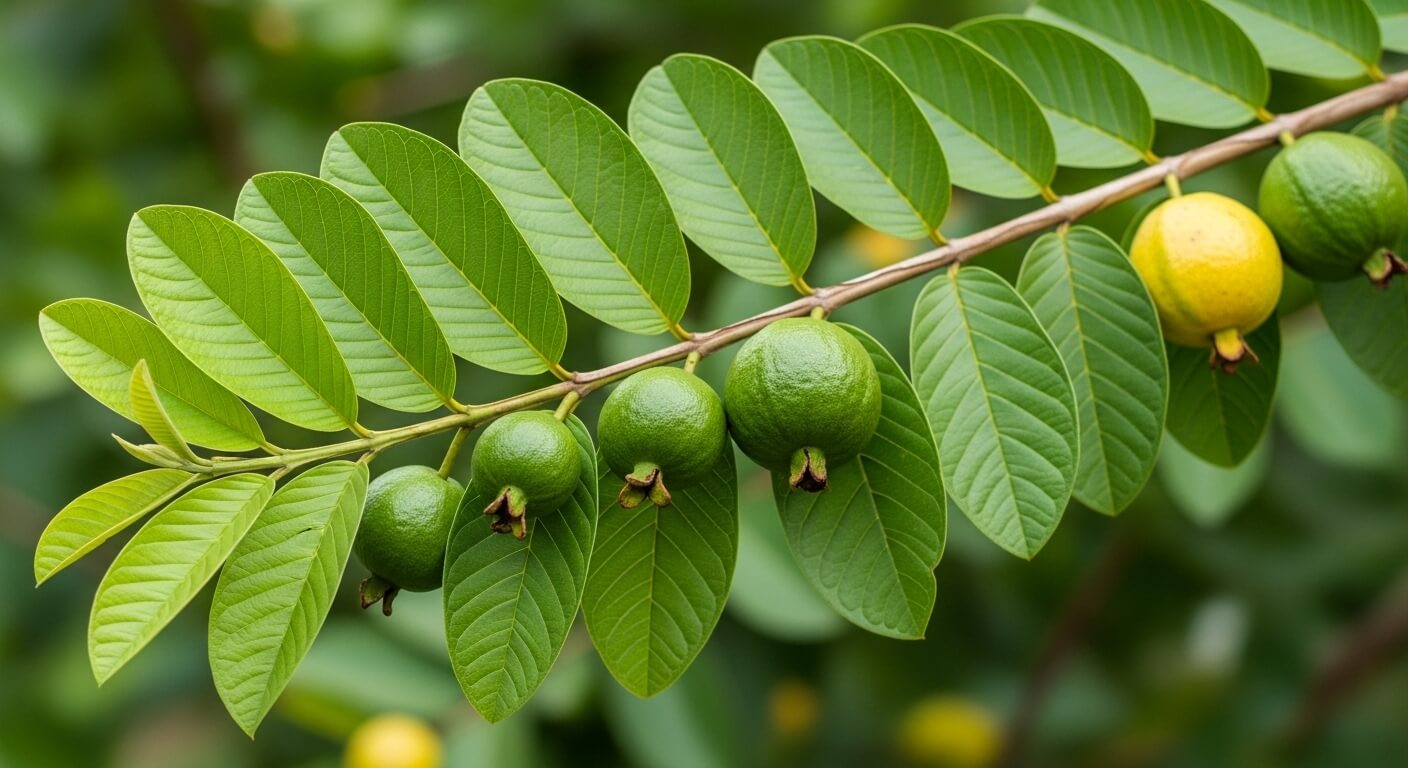 푸르고 건강하게 자란 구아바 잎과 열매가 가지에 달린 모습, 녹색과 노란색 열매가 자연스럽게 익어가는 장면