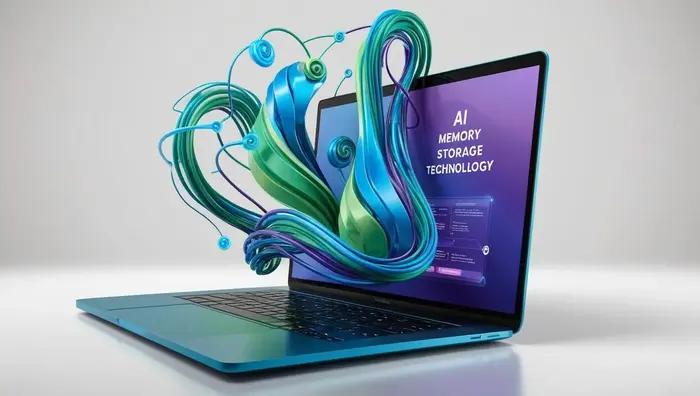 AI 감성 기록 기술을 상징하는 노트북과 추상적 데이터 표현.