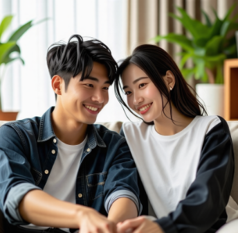 집에서 휴식을 취하고 있는 젊은 동양인 부부