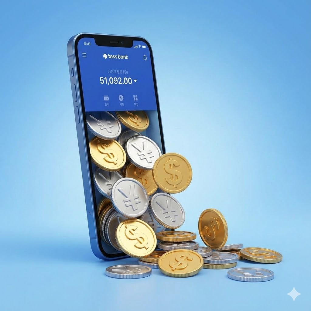 토스뱅크 앱에서 달러와 엔화가 쏟아져 나오는 3D 일러스트