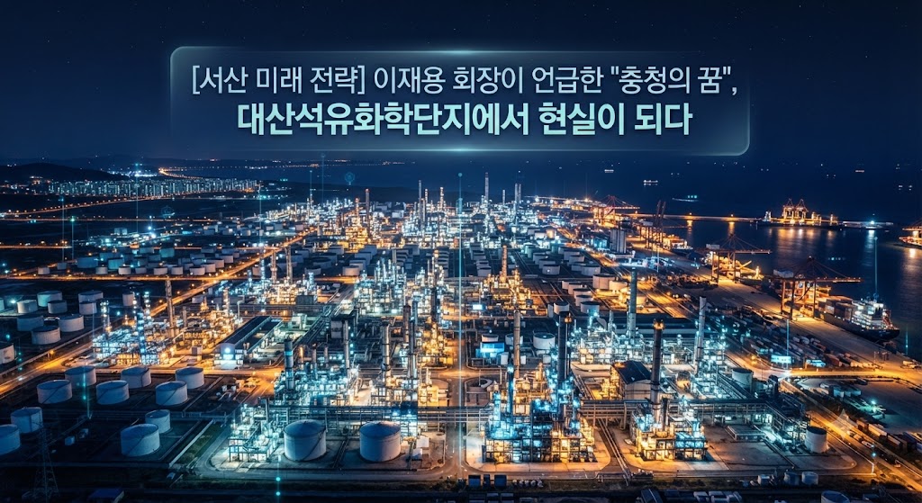 [서산 미래 전략] 이재용 삼성전자 회장이 언급한 '충청의 꿈'이 현실이 되는 현장, 서산 대산석유화학단지의 찬란한 야경 전경. 글로벌 허브로 도약하는 스마트&middot;친환경 산단."