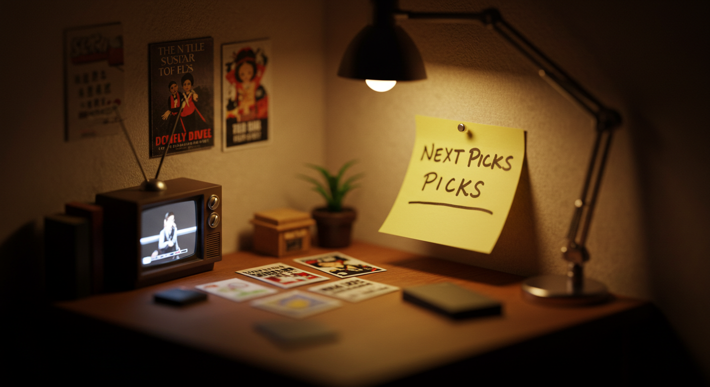 밤 조명 아래 미니어처 TV와 작은 포스터 카드, 다음 감상 후보를 메모하는 손이 보이는 틸트쉬프트 마무리 장면