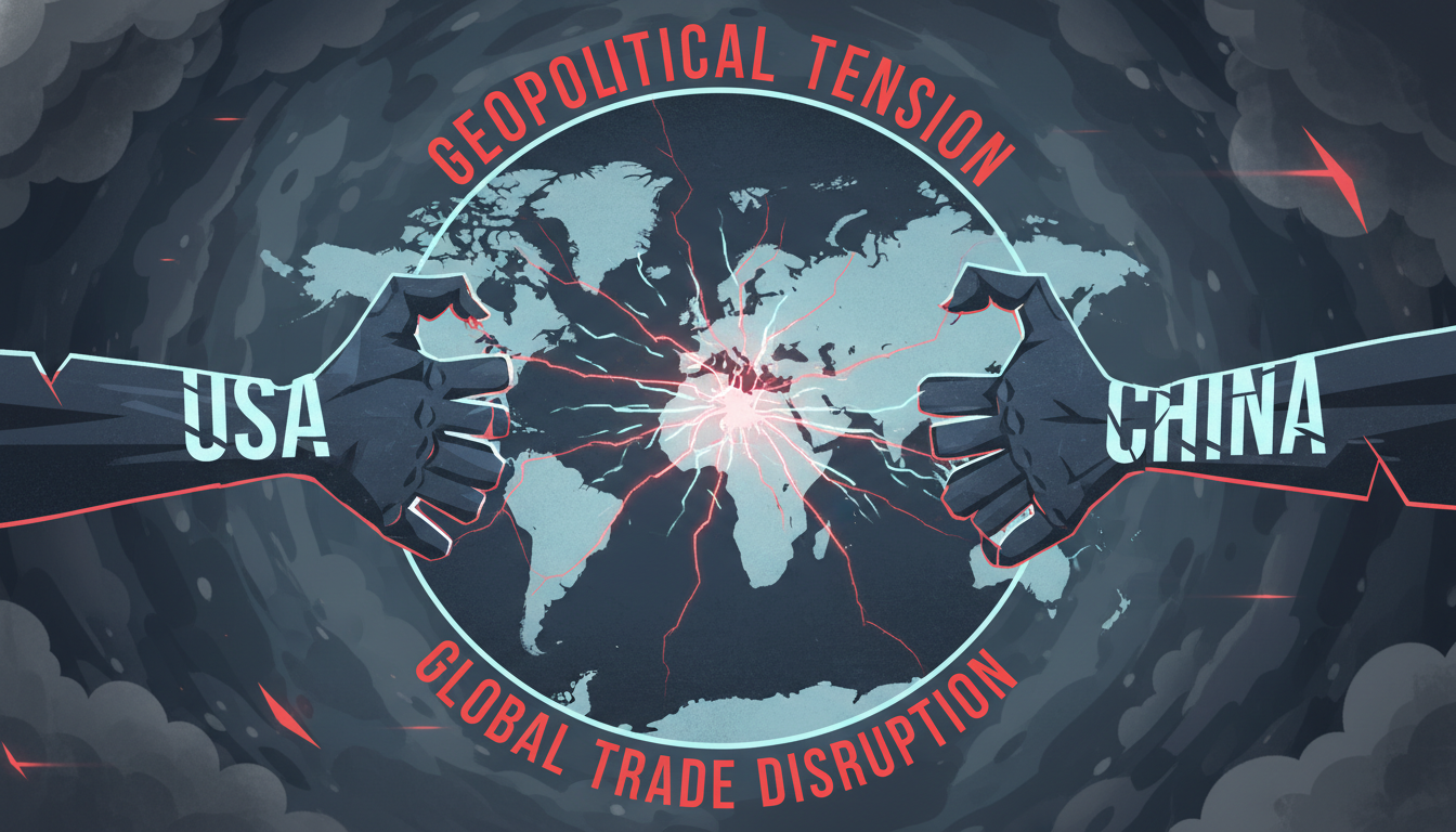 지정학적 긴장이 무역 경로에 영향을 미치는 모습을 표현한 삽화. 세계 지도 위에서 찢어지고 분리되는 공급망 라인. 미국과 중국을 상징하는 손이 서로 다른 방향으로 당기는 추상적인 이미지.