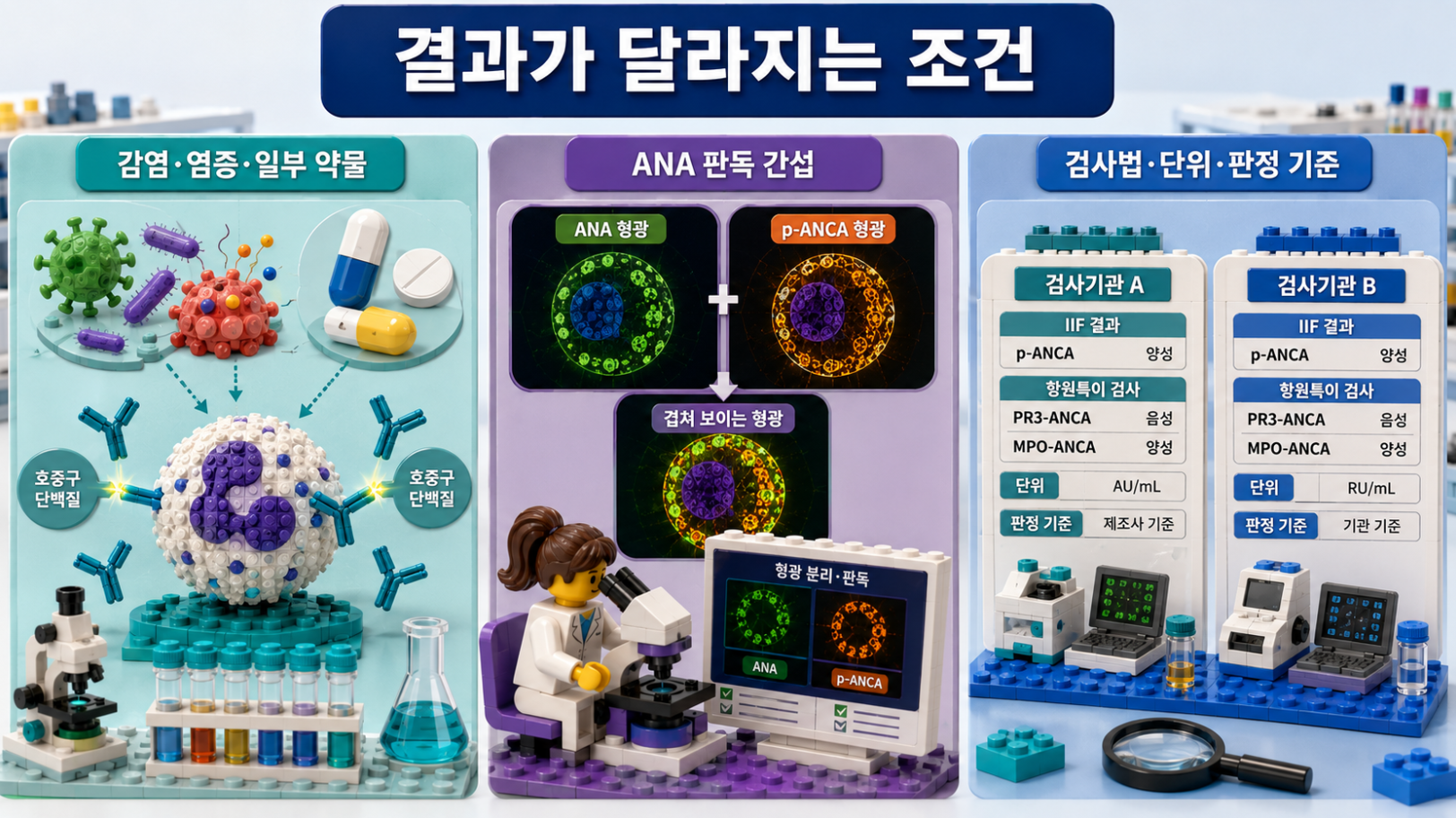ANCA 검사 결과에 영향을 줄 수 있는 감염&middot;염증&middot;일부 약물, ANA 판독 간섭, 검사법과 검사기관 차이를 설명한 의료 인포그래픽