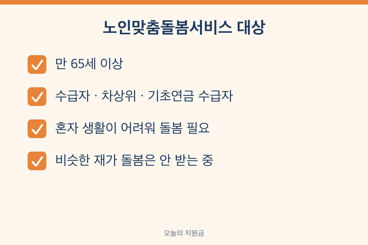 노인맞춤돌봄서비스 대상 만 65세 이상 기초연금 수급자 차상위 돌봄 필요