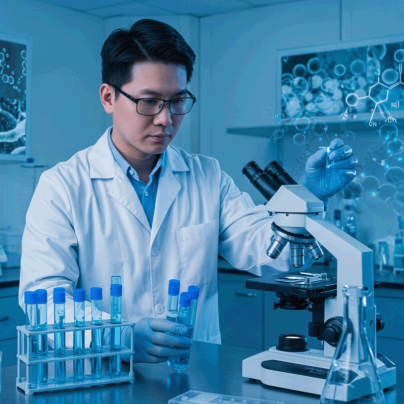 현대적인 연구실에서 연구원이 흰 가운과 장갑을 착용한 채 현미경과 시험관을 이용해 실험을 진행하고 있습니다. 책상 위에는 파란색 뚜껑의 시험관들이 정리되어 있고, 투명한 플라스크도 놓여 있습니다. 연구원의 손에는 시약이 담긴 시험관이 있으며, 배경에는 분자 구조와 화학 공식이 홀로그램처럼 겹쳐 보여 첨단 과학 연구의 분위기를 강조합니다.