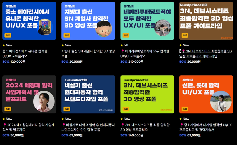 다양한 UI/UX 전자책 포트폴리오 소개 이미지, 중소 에이전시, 3N 게임사, 현대자동차, 네카라쿠배, 신한, 롯데 등 다양한 회사 및 에이전시에서 합격한 UI/UX 및 3D 영상 포트폴리오와 사업계획서 관련 전자책