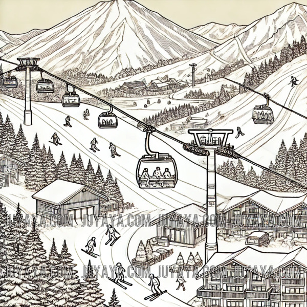 니가타 에치고유자와 스키 리조트의 설경, 스키어들이 눈 덮인 슬로프를 내려가는 모습과 스키 리프트