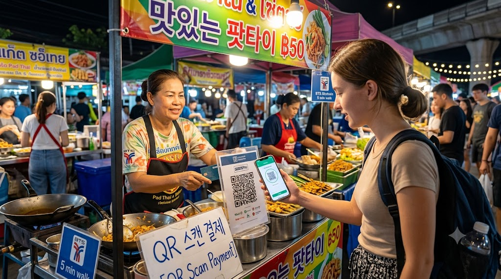 방콕 거리 음식점에서 QR 스캔으로 결제하는 현장 모습
