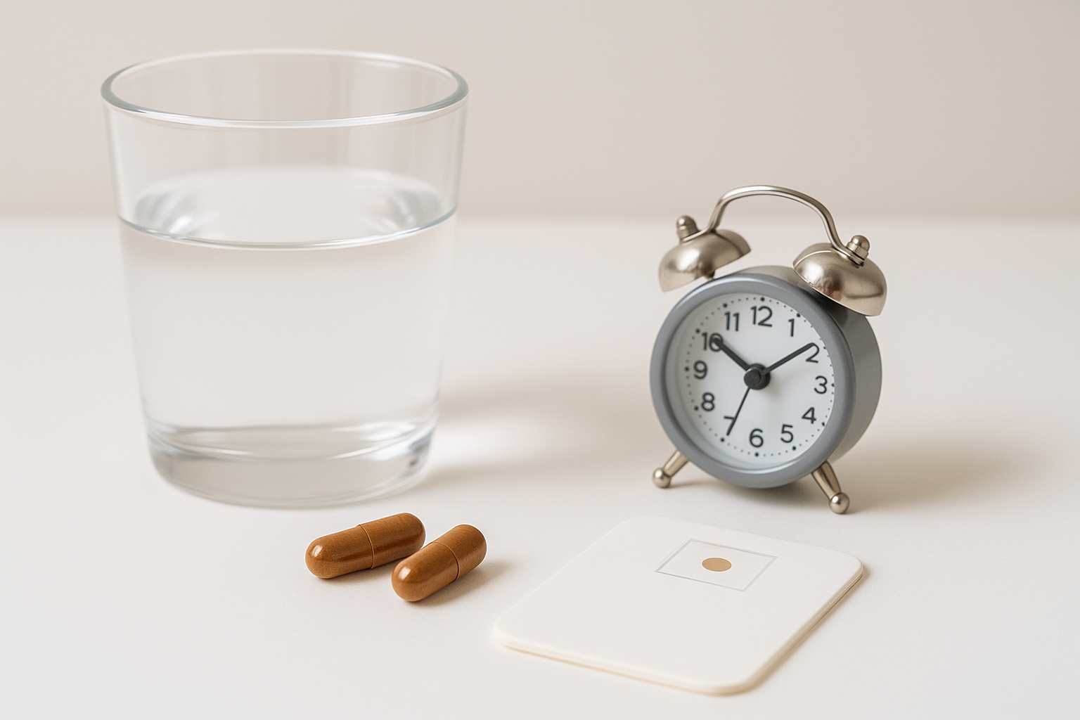 유리컵 물과 갈색 캡슐 2개, 탁상시계로 아침&middot;저녁 분할 복용을 연상시키는 구성