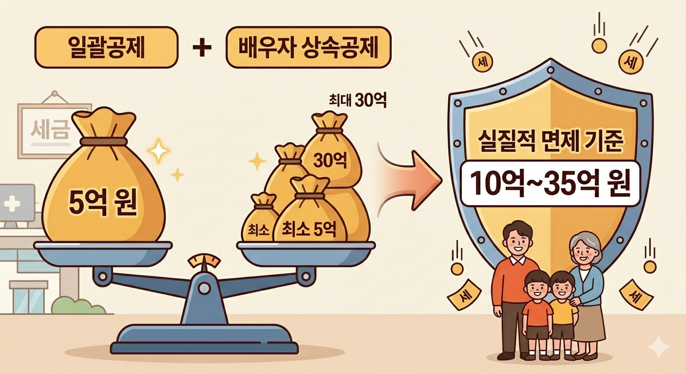 실질적 상속세 면제 기준 - 일괄공제 + 배우자 공제