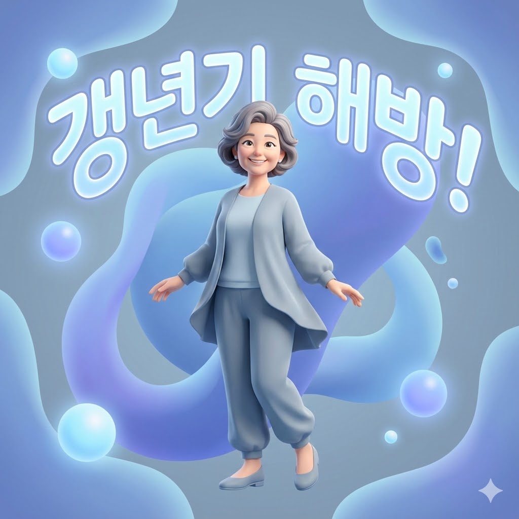 환하게 웃는 중년 여성이 파란색과 회색 톤의 건강한 배경에 서 있는 3D 카툰 일러스트. 갱년기 증상 완화를 통해 활력을 되찾은 모습을 상징하며, '갱년기 해방!'이라는 문구가 시선을 끈다.