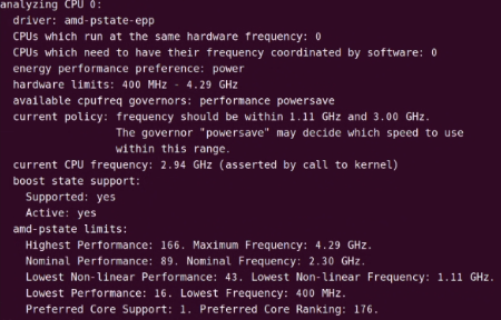 sudo cpupower frequency-info 명령 실행 결과