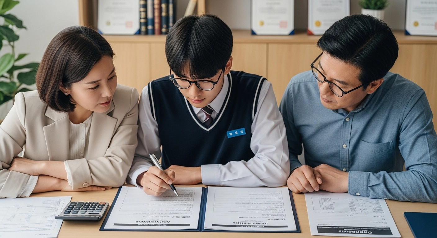 학생과 부모가 대학 모집요강을 확인하는 이미지