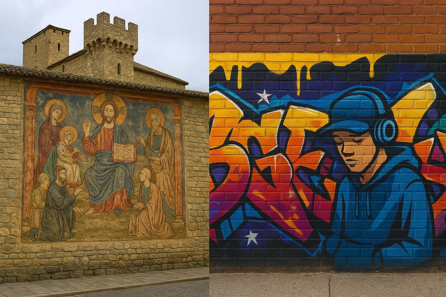 중세 유럽 벽화와 현대 그래피티 이미지