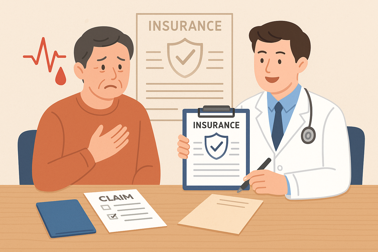 고혈압 환자가 보험 청구를 위해 의사와 상담하며 진단서와 서류를 확인하는 장면, 고혈압 환자 보험 청구 과정 시각화