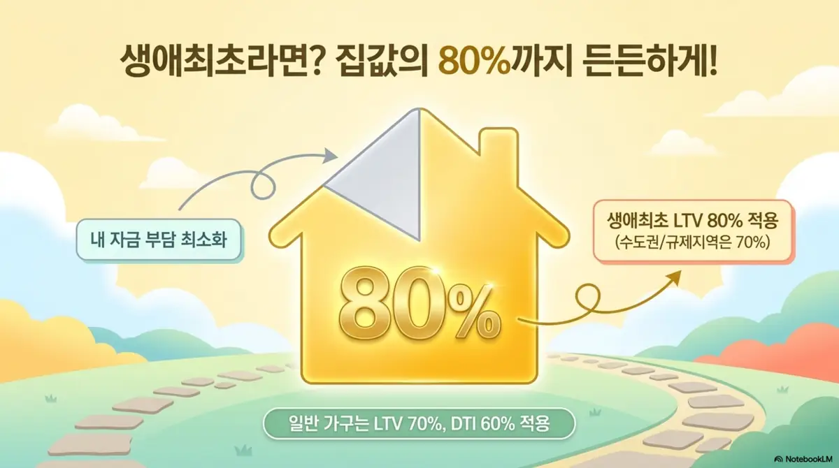 디딤돌대출 조건: 생애최초 주택구입자의 디딤돌대출 LTV 80% 혜택을 집 모양으로 표현한 이미지. 일반 가구는 LTV 70%와 DTI 60%가 적용되고 수도권 규제지역은 70%라는 기준을 설명함