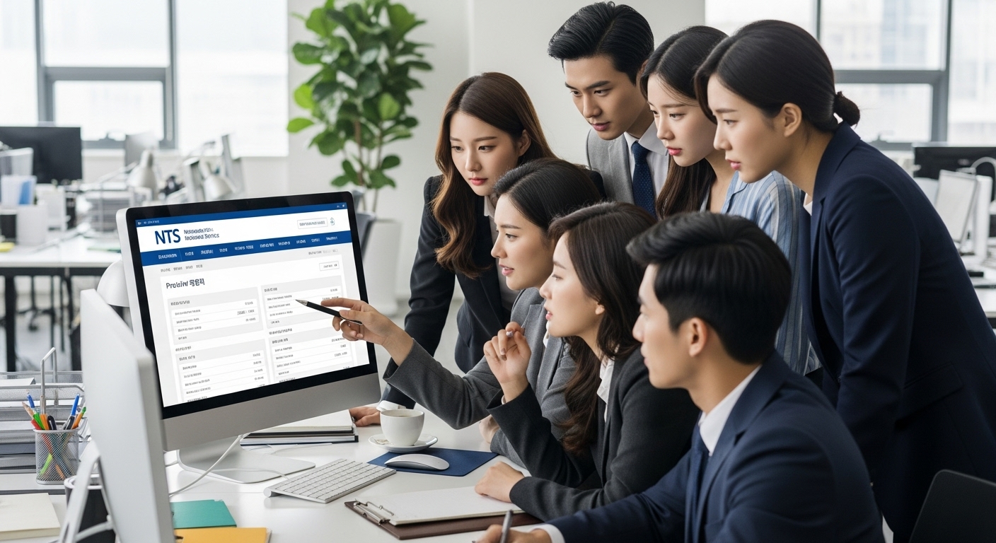 젊은 한국 직장인들이 사무실에서 컴퓨터 화면을 보며 연말정산 미리보기 서비스를 이용하는 모습