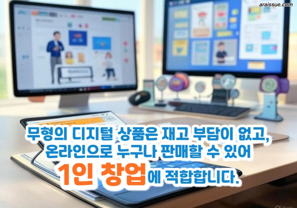 무형의 디지털 상품은 재고 부담이 없고, 온라인으로 누구나 판매할 수 있어 1인 창업에 적합합니다