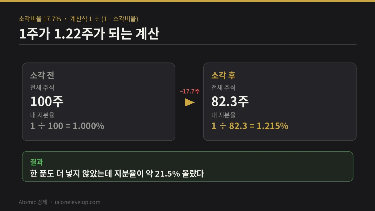 전체 주식 100주에서 17.7주를 소각하면 남은 82.3주에서 내 1주의 지분율이 1퍼센트에서 1.215퍼센트로 오르는 계산 도해