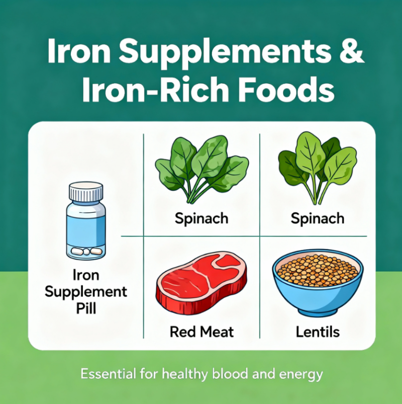 "철분 보충제와 철분이 풍부한 음식 일러스트, 시금치&middot;쇠고기&middot;렌틸콩 등 임산부 철분 섭취를 안내하는 이미지"