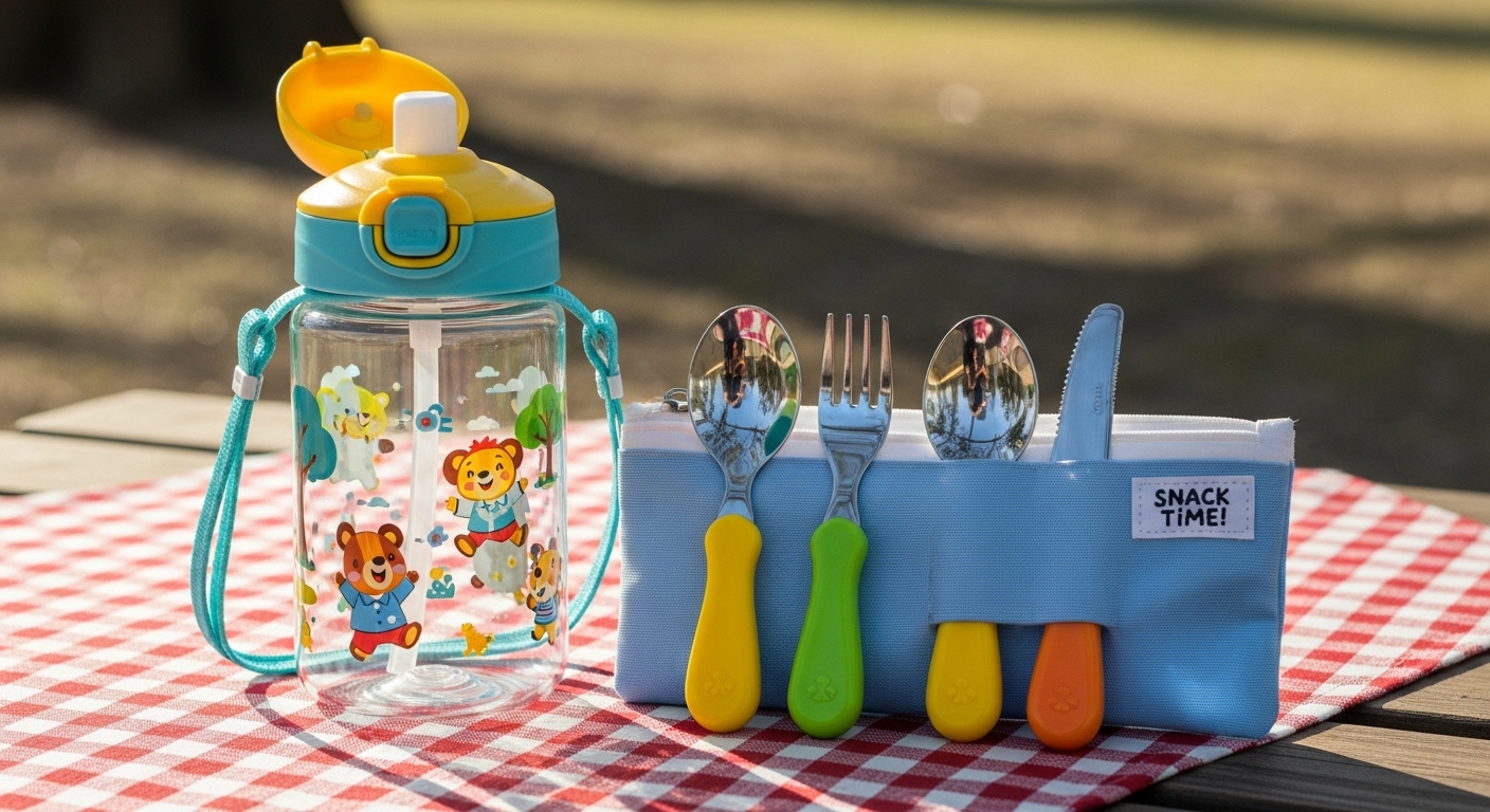 초등학생용 물통과 개인 수저 세트 위생 용품 이미지