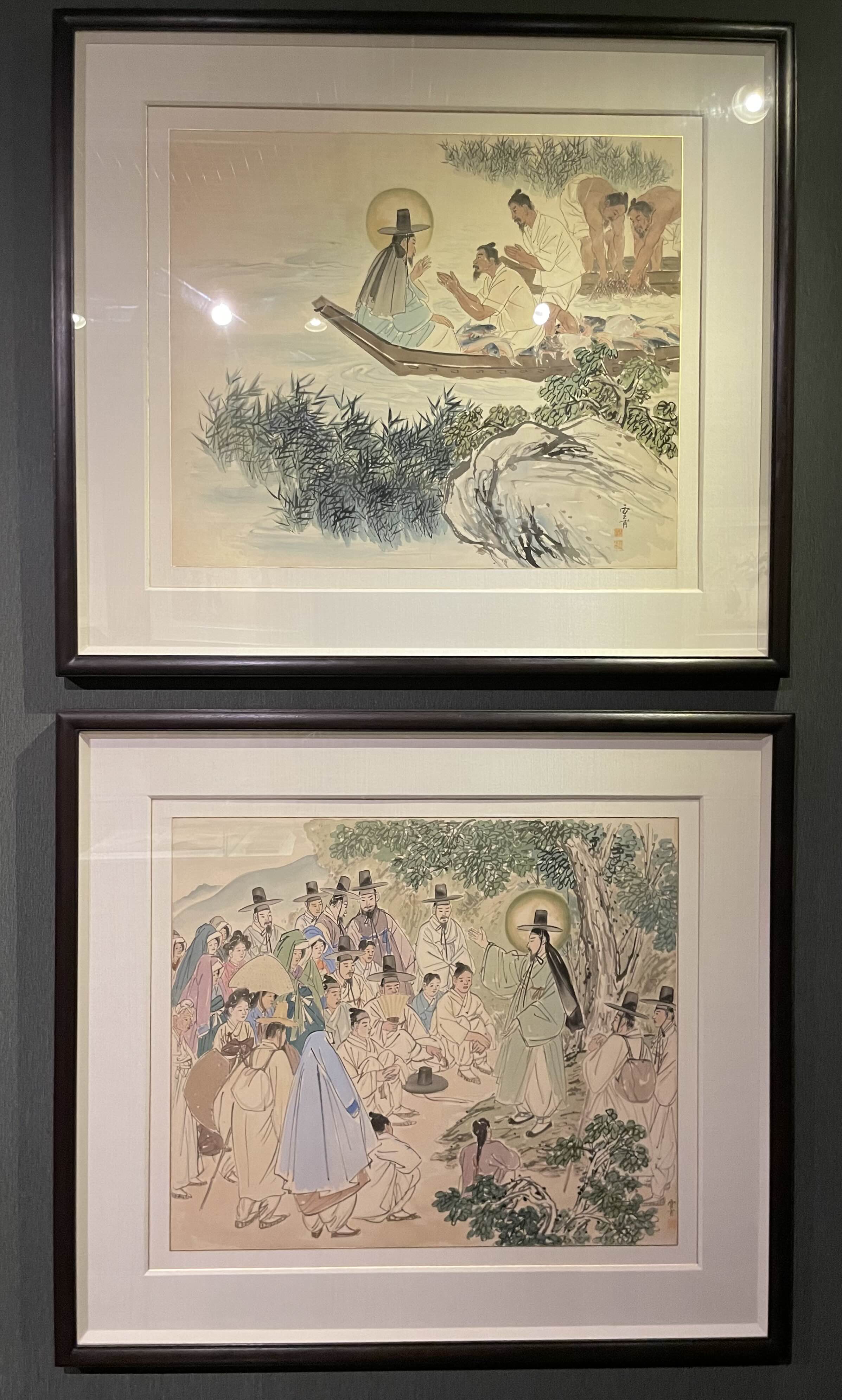 김기창 - 예수의 생애 : 9. 제자들을 만남, 10. 산상설교 (1952-1952, 비단에 채색)