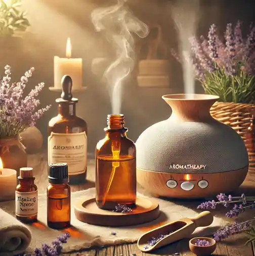 향기치료 블로그 포스트 썸네일 이미지로, 에센셜 오일 병, 디퓨저에서 나오는 미스트, 신선한 라벤더 꽃, 그리고 따뜻한 불빛의 촛불이 조화를 이루는 편안하고 자연스러운 장면