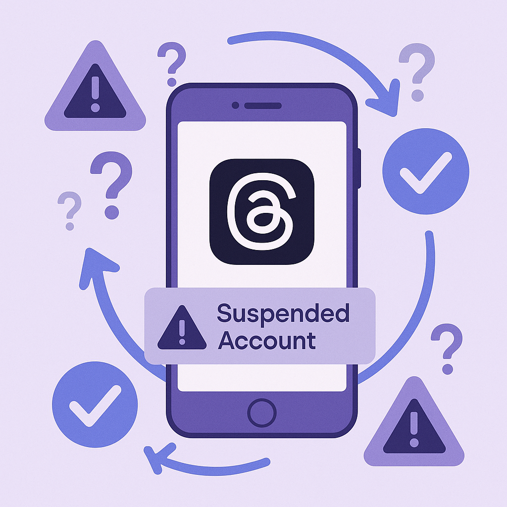 Threads account suspension and recovery guide illustration showing mobile app with warning and solution symbols