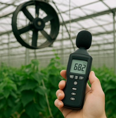 스마트팜 내부에서 소음 측정기를 들고 환기팬 근처의 소리를 측정하는 장면으로, 측정기 화면에는 68.2dB이 표시되어 있으며 배경에는 녹색 작물과 금속 프레임 구조가 보인다.