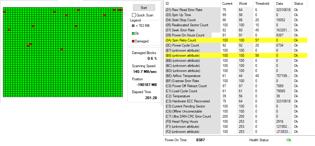 HDD와 SSD에서 배드섹터(불량 블록)가 생기는 개념 이미지