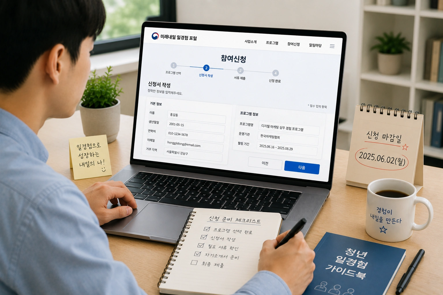 청년이 미래내일 일경험 포털에서 온라인 신청서를 작성하며 프로그램 참여를 신청하는 모습