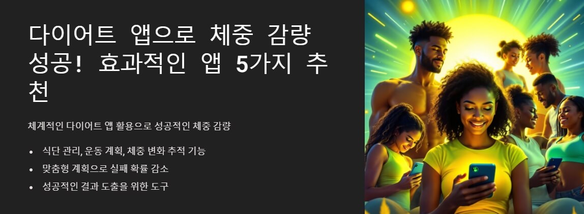 체계적인 다이어트 앱 활용으로 체중 감량 성공을 강조하며 식단 관리, 운동 계획, 체중 변화 추적 등 주요 기능이 나열된 소개 화면. 배경에는 스마트폰을 사용하는 사람들과 밝은 햇살