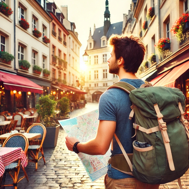활기찬 외국 도시를 탐험하며 배낭을 메고 지도를 바라보는 나홀로 여행자. 카페와 상점이 즐비한 매력적인 유럽풍 거리 앞에 서 있는 여행자의 모습으로 독립 여행의 진수를 담아냅니다