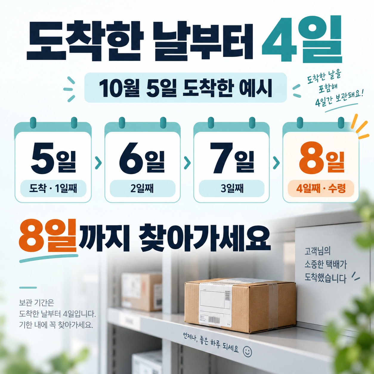 10월5일 점포도착 시5&middot;6&middot;7&middot;8일을 세어8일까지 수령하는 달력 예시